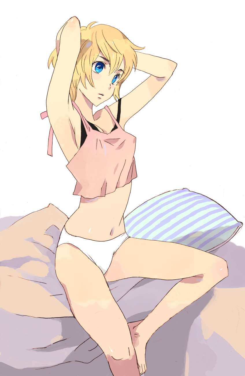 1girl, bed, blonde_hair, blue_eyes, bottomless, camisole, female_focus, highres, judemomo, navel, no_pants, ozaki_kaori, solo
