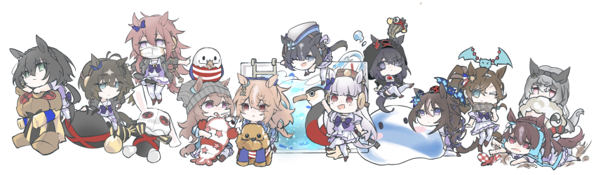 6+girls, animal_ears, antenna_hair, bad_id, bad_pixiv_id, bat_(animal), beanie, bird, black_hair, blob, bow, bowtie, braid, brown_hair, bug, butterfly, chibi, dodo_(bird), dream_journey_(racehorse), ear_ornament, ears_through_headwear, fenomeno_(racehorse), gassan_aya, genderswap, genderswap_(mtf), gold_ship_(umamusume), green_eyes, grey_hair, hair_between_eyes, hat, highres, holding, holding_stuffed_toy, hood, hood_up, horse_ears, horse_girl, horse_tail, horseshoe_ornament, indy_champ_(racehorse), insect, jacket, kin'iro_ryotei_(umamusume), ladder, lobster, long_hair, mask, medium_hair, mouth_mask, multicolored_hair, multiple_girls, nakayama_festa_(umamusume), nakayama_knight_(racehorse), ocean_blue_(racehorse), oju_chosan_(racehorse), one_eye_closed, open_clothes, open_jacket, orfevre_(old_design)_(umamusume), original, personification, pillbox_hat, pink_eyes, pleated_skirt, ponytail, pool, puffy_short_sleeves, puffy_sleeves, purple_bow, purple_bowtie, purple_eyes, purple_shirt, rainbow_line_(racehorse), red_eyes, sailor_collar, sailor_shirt, school_uniform, sheep, shirt, short_sleeves, skirt, streaked_hair, stuffed_animal, stuffed_toy, summer_uniform, tail, thighhighs, tracen_school_uniform, two-tone_hair, umamusume, umamusume_horse_relations, water, white_background, white_hair, white_skirt, win_bright_(racehorse)