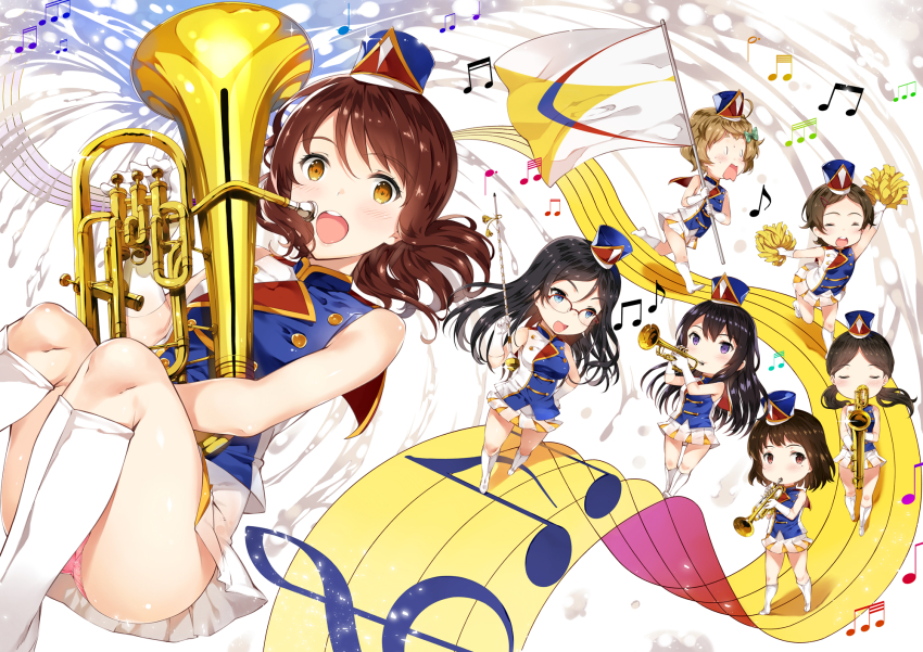 6+girls, band_uniform, baritone_saxophone, baton, black_hair, blonde_hair, blue_eyes, blue_headwear