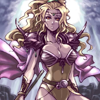 1990s_(style), aki_shigeru_gawa_shou_haya, belt, blonde_hair, breasts, cape, cleavage, final_fantasy, final_fantasy_iv, large_breasts, leotard, long_hair, lowres, ponytail, red_eyes, rosa_farrell, shoulder_pads, staff, tiara