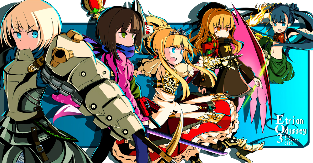 5girls, armor, blonde_hair, blue_eyes, brown_hair, copyright_name, cowboy_shot, etrian_odyssey