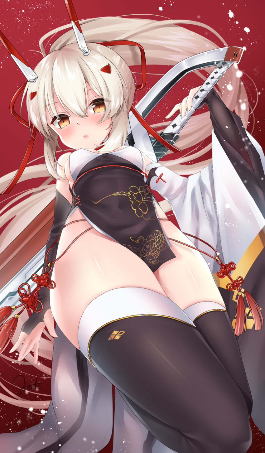 1girl, absurdres, ass, ayanami_(azur_lane), ayanami_(lunar_demon)_(azur_lane), azur_lane, black_gloves, black_thighhighs