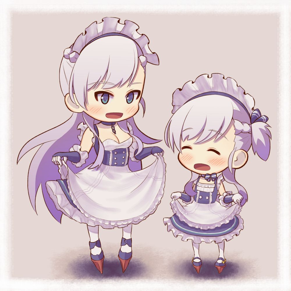 2girls, :d, ^_^, apron, arm_guards, azur_lane, belfast_(azur_lane), blue_eyes