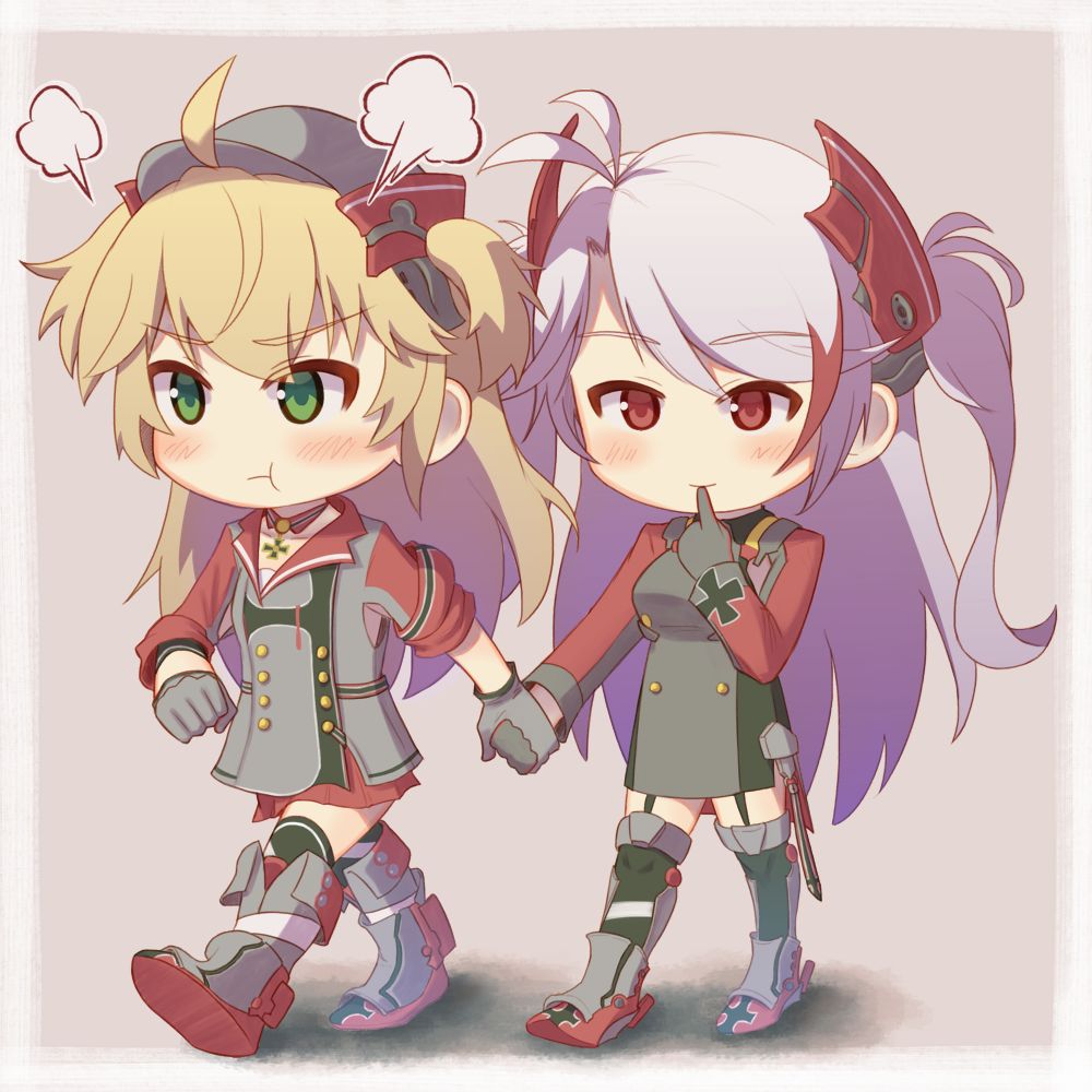 2girls, admiral_hipper_(azur_lane), ahoge, azur_lane, blonde_hair, chibi, commentary_request, full_body, gloves, green_eyes, grey_background, grey_gloves, hair_between_eyes, hair_ornament, hat, long_hair, long_sleeves, looking_at_viewer, multicolored_hair, multiple_girls, pleated_skirt, prinz_eugen_(azur_lane), red_eyes, red_skirt, sidelocks, silver_hair, simple_background, skirt, smile, streaked_hair, two-tone_hair, two_side_up, walking, zeldin