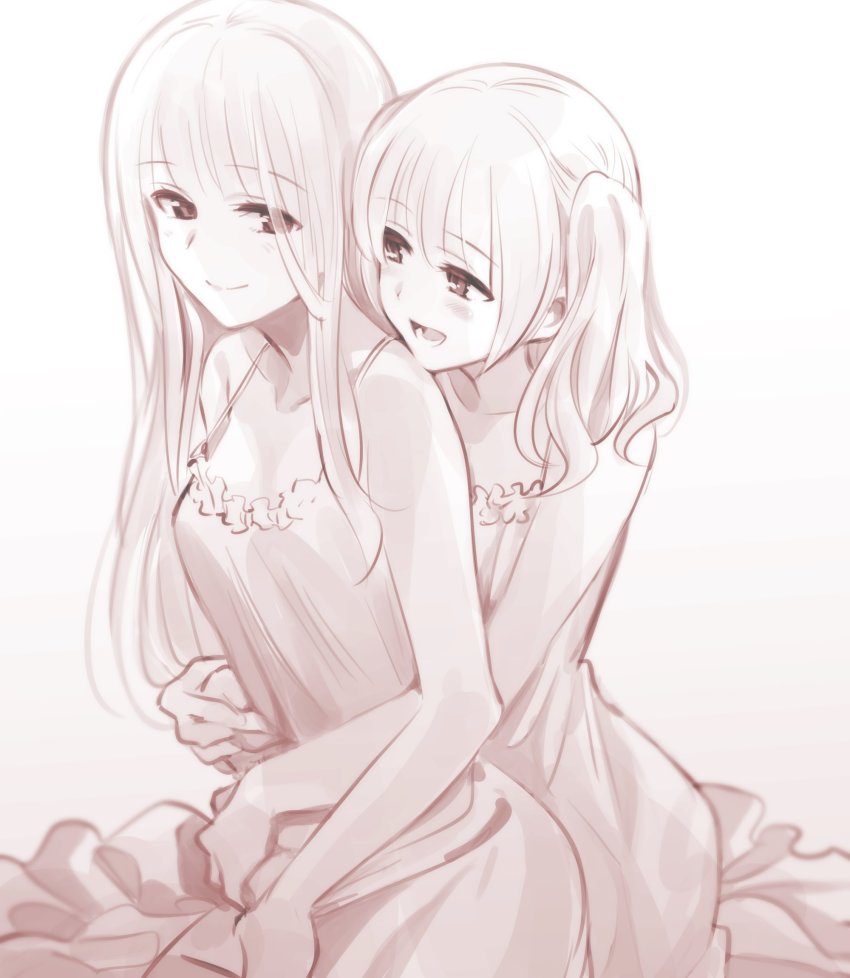 2girls, cordelia_herschel_(young)_(mechanical_buddy_universe), dress, highres, hug, hug_from_behind, kato_takuji, long_hair, mechanical_buddy_universe, medium_hair, monochrome, multiple_girls, open_mouth, ophelia_herschel_(mechanical_buddy_universe), pajamas, short_hair, siblings, sisters, smile, twintails