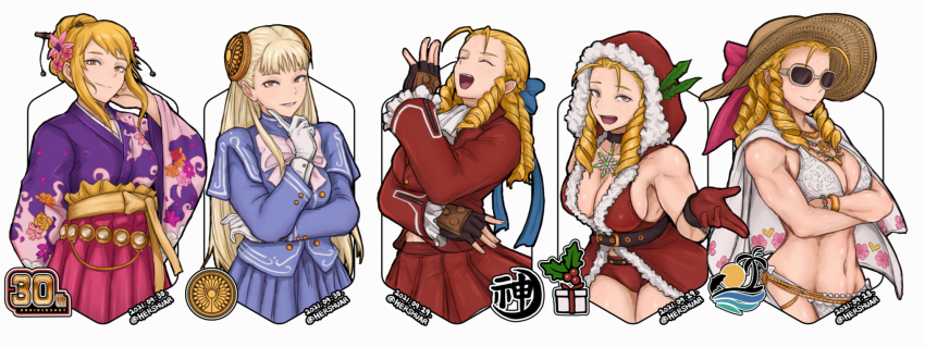 ahoge, bikini, blonde_hair, breasts, capcom_fighting_jam, cleavage, cosplay, crossed_arms, drill_hair, flower, fur_trim, hair_flower, hair_ornament, hairpods, hat, hershuar, highres, hood, ingrid_(capcom), ingrid_(capcom)_(cosplay), japanese_clothes, kanzuki_karin, kimono, laughing, looking_at_viewer, multiple_persona, official_alternate_costume, ojou-sama_pose, short_shorts, shorts, smile, straw_hat, street_fighter, street_fighter_v, swimsuit, upper_body, white_bikini