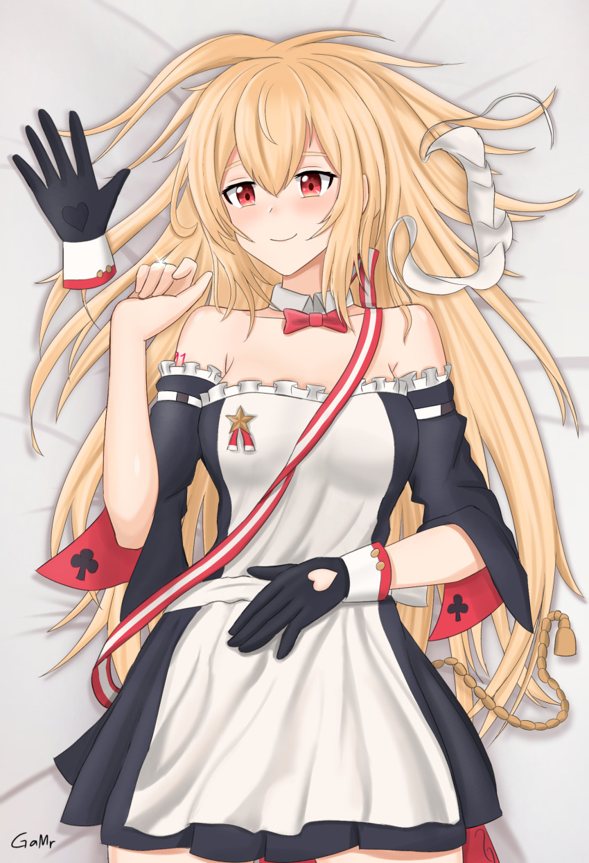 1girl, arm_tattoo, artist_name, bare_shoulders, black_gloves, blonde_hair, blush, bow