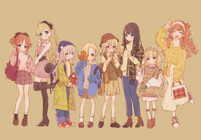 6+girls, abe_nana, alternate_costume, backpack, bag, collage, full_body, futaba_anzu
