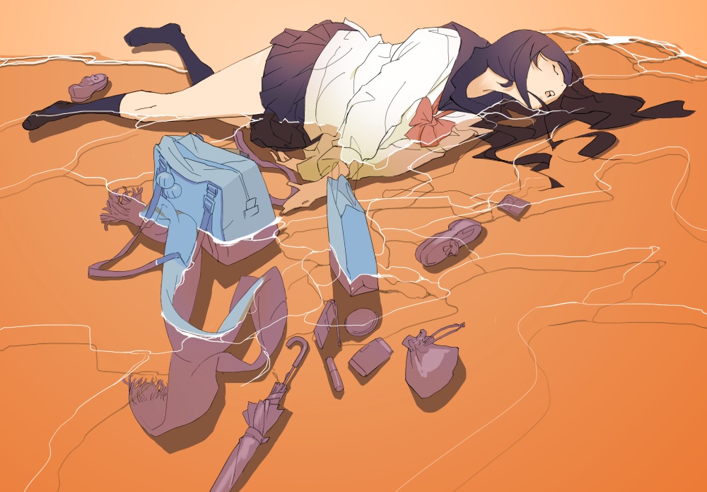 bag, beach, black_hair, cellphone, legs, long_hair, lying, nansui_kinoko