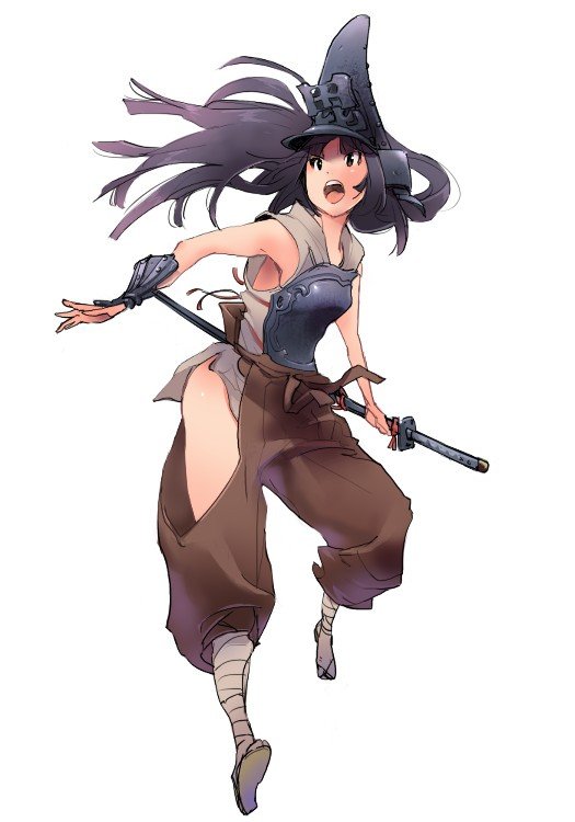 1girl, armor, black_hair, breastplate, commentary_request, copyright_request, female_focus, hakama, hakama_pants, helmet, japanese_armor, japanese_clothes, katana, kote, kurokote, legs, long_hair, nansui_kinoko, pants, samurai, sandals, simple_background, solo, sword, weapon, white_background