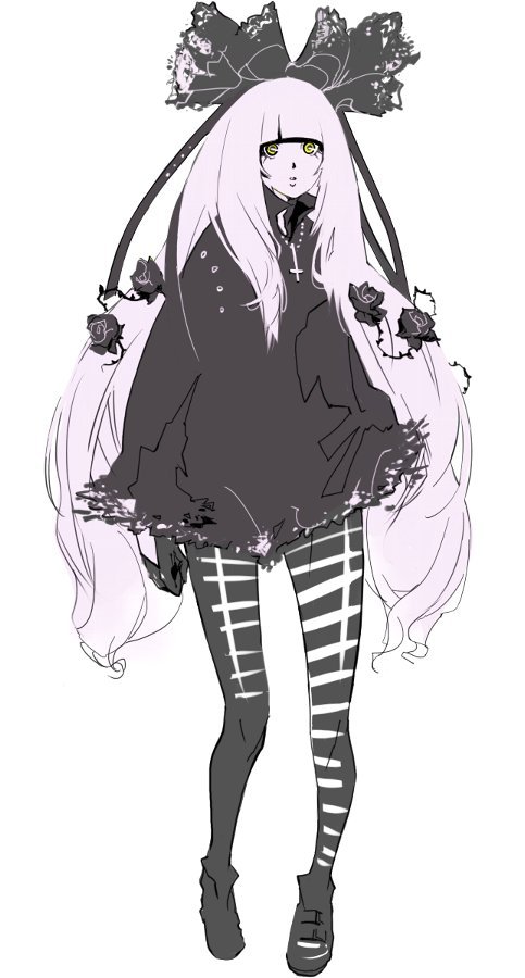 1girl, dress, female_focus, flat_color, flower, full_body, goth_fashion, hair_ribbon, legs, long_hair, nansui_kinoko, original, pantyhose, ribbon, rose, solo, thorns, white_background, white_hair, yellow_eyes