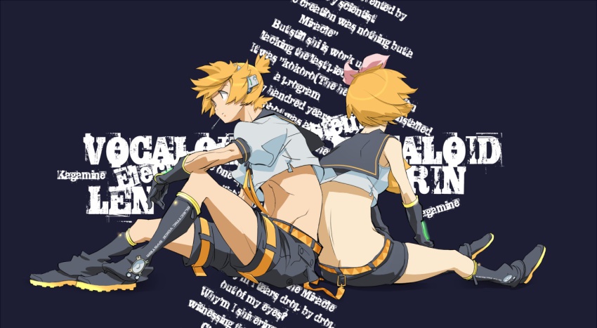 1boy, 1girl, back, back-to-back, blonde_hair, brother_and_sister, kagamine_len, kagamine_rin