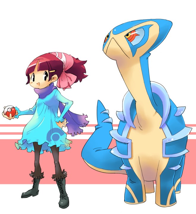 1girl, :<, boots, fakemon, holding, holding_poke_ball, nansui_kinoko, nintendo