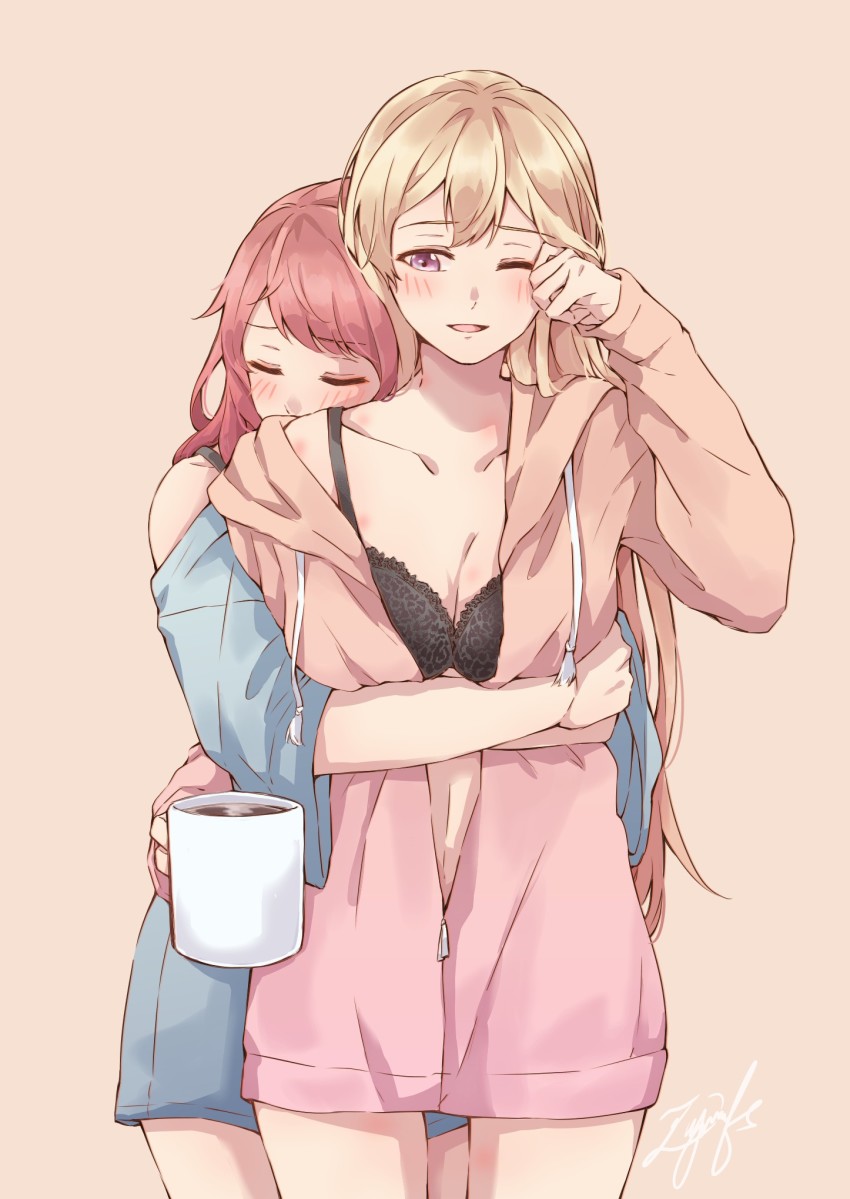 2girls, aiiro_bokujuu, bang_dream!, bang_dream!_girls_band_party!, black_bra, blonde_hair, blush, bra