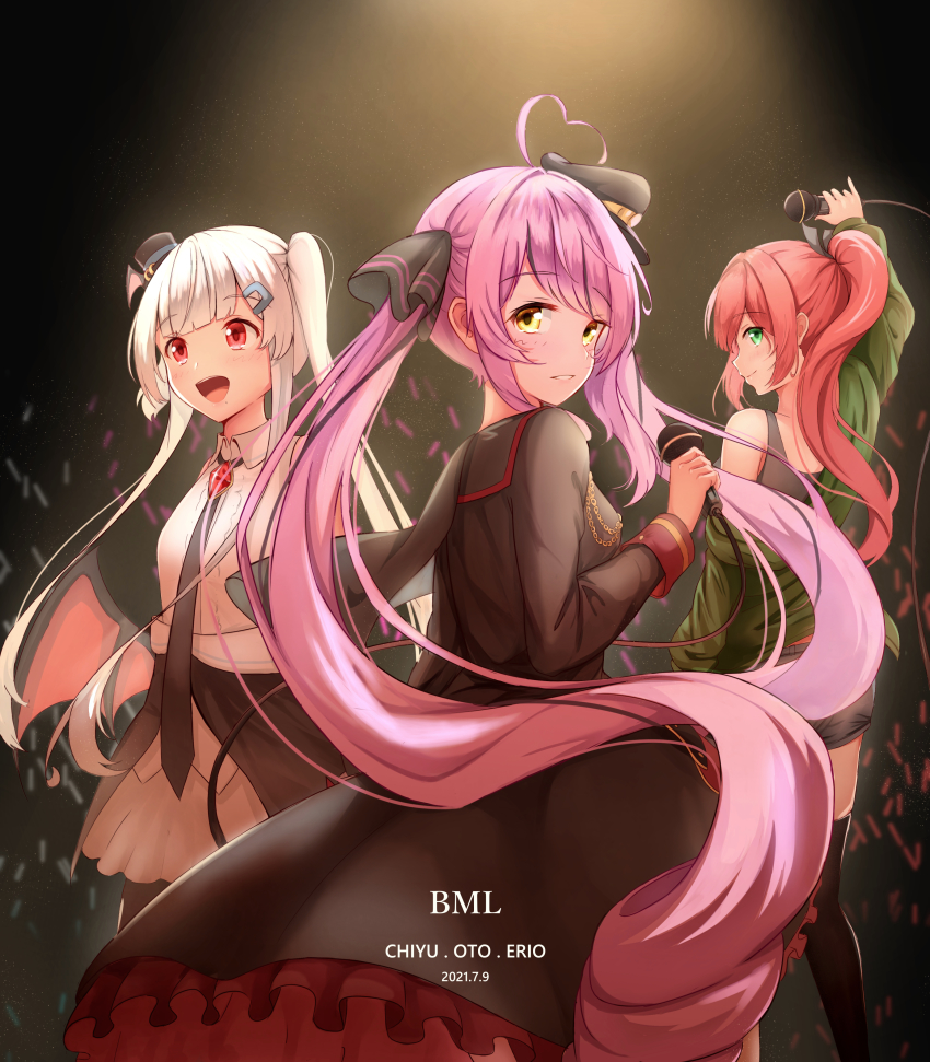 3girls, absurdres, ahoge, chucolala, dated, green_eyes, hair_between_eyes, hair_ornament