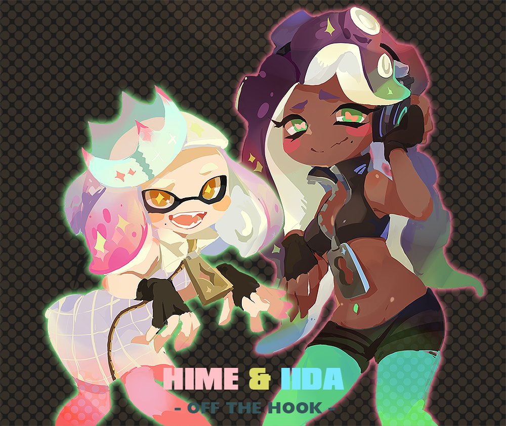 2girls, :d, black_hair, blush_stickers, crown, dark-skinned_female, dark_skin, dress, einri, fingerless_gloves, gloves, gradient_hair, headphones, high_collar, inkling, marina_(off_the_hook_outfit)_(splatoon), marina_(splatoon), midriff, mole, monster_girl, multicolored_hair, multiple_girls, navel_piercing, nintendo, octoling, open_mouth, pantyhose, pearl_(off_the_hook_outfit)_(splatoon), pearl_(splatoon), piercing, polka_dot, polka_dot_background, shorts, smile, splatoon_(series), star-shaped_pupils, star_(symbol), symbol-shaped_pupils, tentacle_hair, wavy_mouth, white_hair, zipper