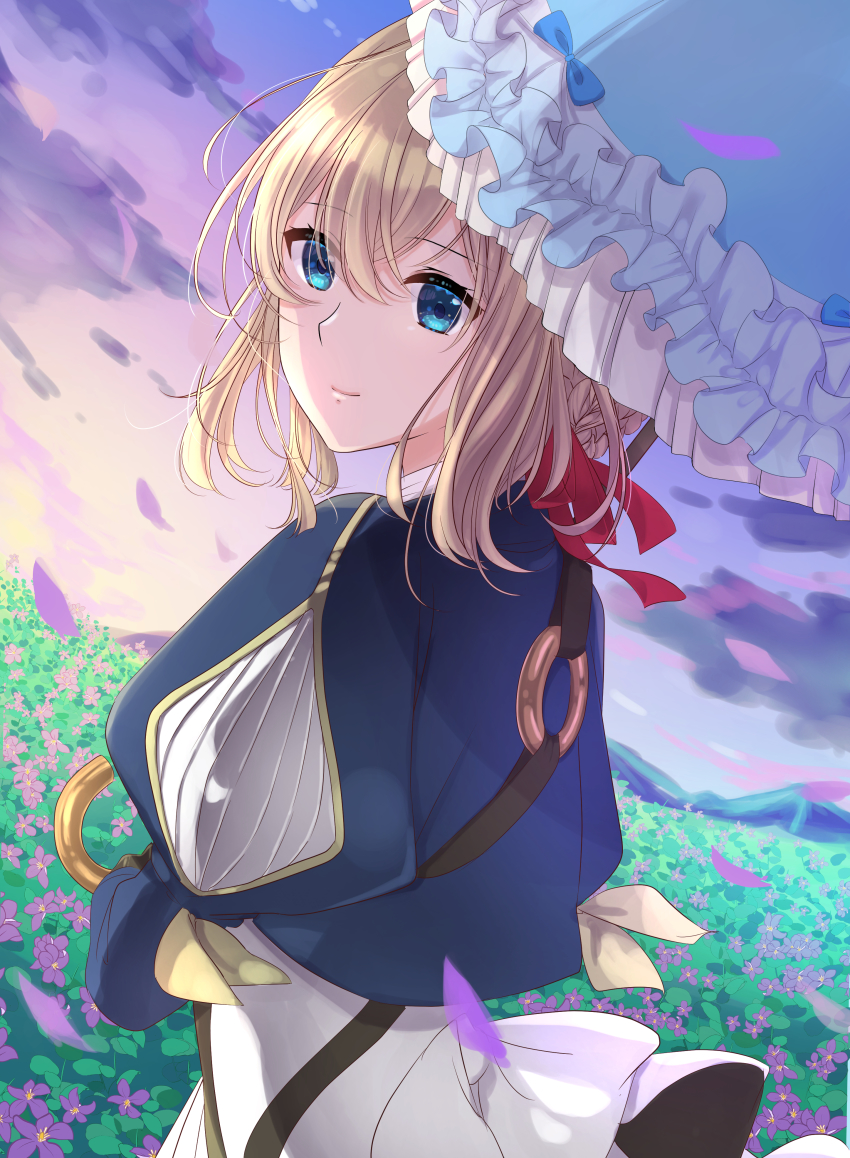 1girl, absurdres, blonde_hair, blue_eyes, blue_jacket, braid, brooch, dress, flower, hair_between_eyes, hair_ribbon, highres, jacket, jewelry, long_sleeves, mechanical_arms, necklace, ramusika, red_ribbon, ribbon, skirt, solo, umbrella, violet_evergarden, violet_evergarden_(series), white_skirt