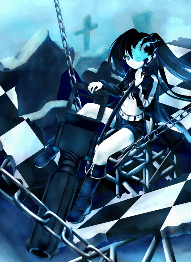10s, 1girl, bikini, bikini_top_only, black_hair, black_rock_shooter, black_rock_shooter_(character), blue_eyes, boots, cannon, chain, coat, female_focus, glowing, glowing_eyes, long_hair, navel, pale_skin, scar, shorts, solo, swimsuit, twintails, yanphoenix