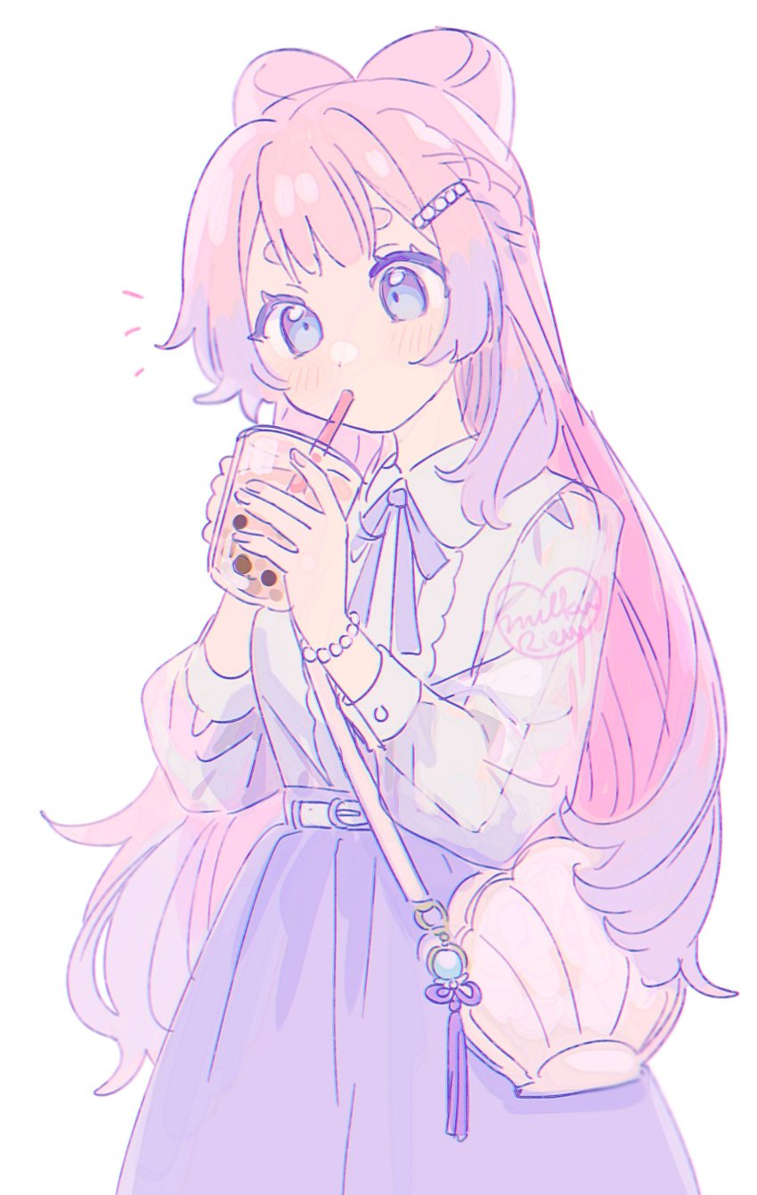 1girl, absurdres, alternate_costume, bag, blue_eyes, blue_hair, blunt_bangs, blush