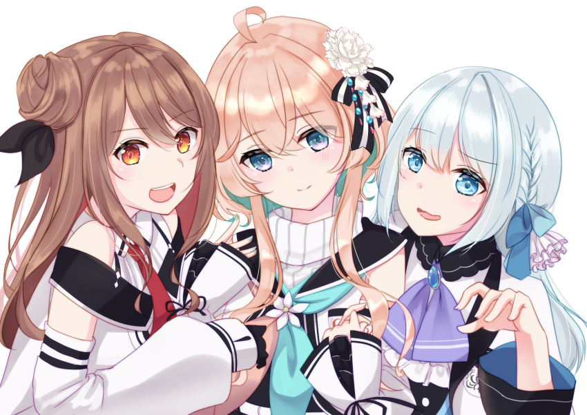 3girls, ahoge, blue_eyes, blue_hair, bow, brown_hair, closed_mouth, flower