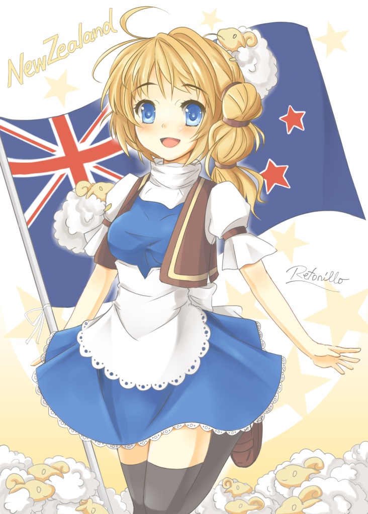 1girl, bad_id, bad_pixiv_id, blonde_hair, blue_eyes, braid, dress, female_focus, flag, long_hair, new_zealand, new_zealand_flag, original, personification, retonillo, retorillo, sheep, solo, thighhighs
