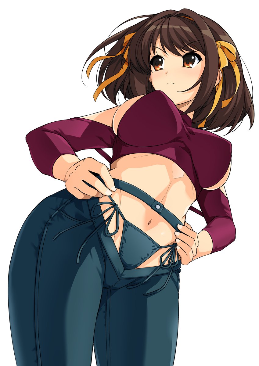 bare_shoulders, breasts, brown_eyes, brown_hair, covered_erect_nipples, crop_top, denim, hairband, hands_on_own_hips, haruhisky, highres, jeans, large_breasts, long_sleeves, looking_to_the_side, navel, orange_hairband, panties, pants, presenting, pubic_cutout, revealing_clothes, short_hair, side-tie_panties, sideboob, suzumiya_haruhi, suzumiya_haruhi_no_yuuutsu, underwear, white_background, wind