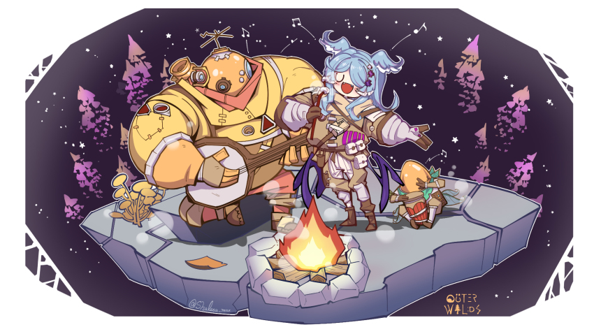 1girl, 2others, alien, banjo, blue_hair, campfire, chert_(outer_wilds), chibi, commentary, copyright_name, drum, elira_pendora, english_commentary, head_wings, highres, holding, holding_microphone, instrument, low_wings, maxeggq, microphone, multiple_others, mushroom, music, nijisanji, nijisanji_en, open_hand, outer_wilds, playing_instrument, riebeck_(outer_wilds), singing, smile, space, spacesuit, tree, virtual_youtuber, wings