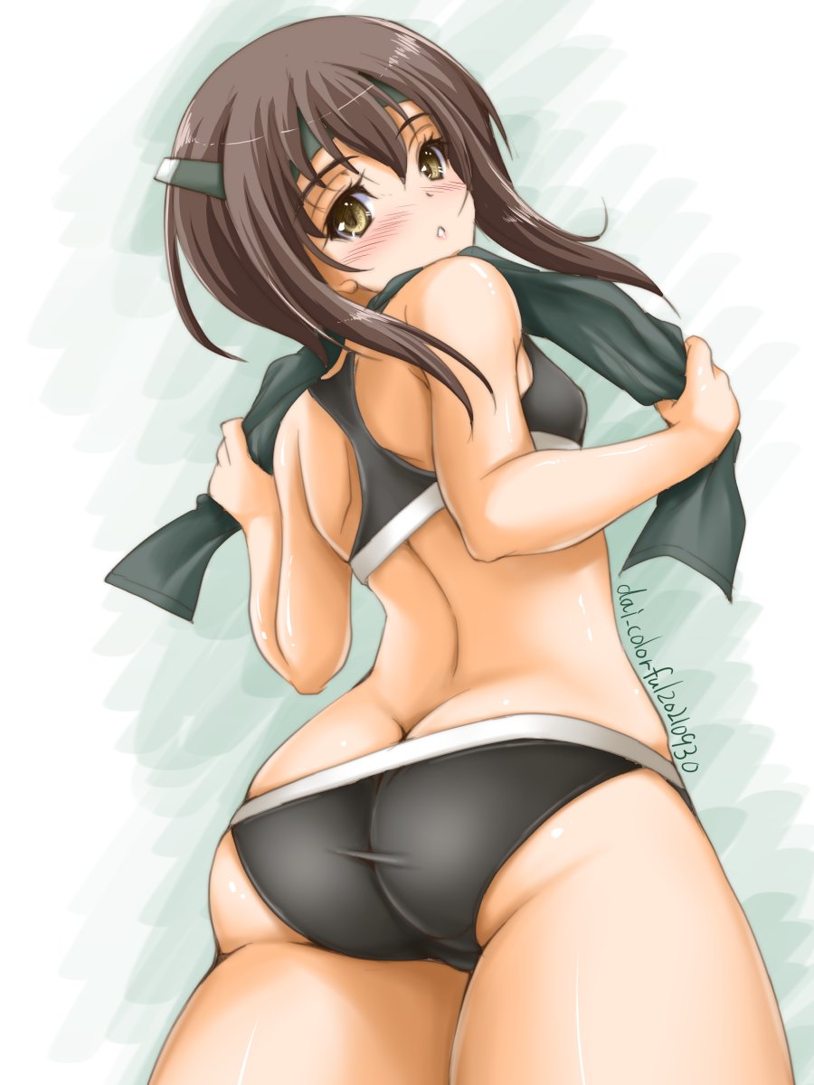 1girl, akimoto_dai, ass, bra, brown_eyes, brown_hair, commentary_request, cowboy_shot