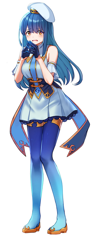 1girl, bare_shoulders, beret, blue_boots, blue_dress, blue_gloves, blue_hair, blue_hat