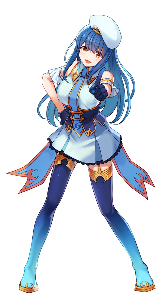 1girl, :d, bare_shoulders, beret, blue_boots, blue_dress, blue_gloves, blue_hair