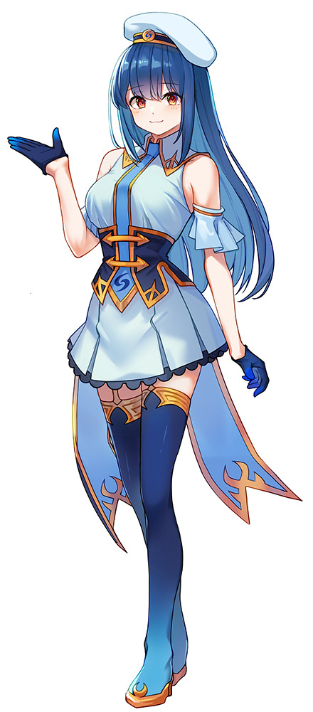 1girl, :3, arm_at_side, bare_shoulders, beret, blue_boots, blue_dress, blue_gloves