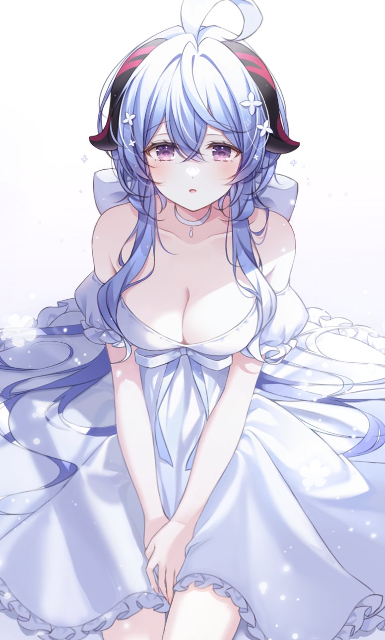 1girl, ahoge, bare_shoulders, blue_hair, breasts, choker, cleavage, collarbone