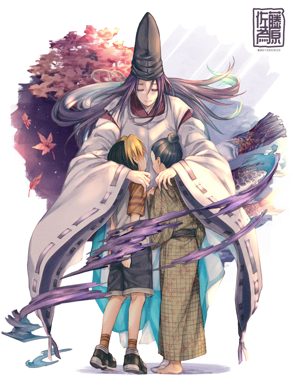 3boys, autumn_leaves, barefoot, black_footwear, black_hair, black_headwear, blonde_hair, brown_kimono, closed_eyes, closed_mouth, detached_sleeves, colored_bangs, floating_hair, fujiwara_no_sai, grey_shorts, hair_bun, hand_on_another's_shoulder, highres, hikaru_no_go, honninbou_shuusaku, japanese_clothes, kimono, leaf, long_hair, long_sleeves, male_focus, maple_leaf, monicanc, multicolored_hair, multiple_boys, orange_legwear, purple_hair, ribbon-trimmed_sleeves, ribbon_trim, shindou_hikaru, shorts, single_hair_bun, socks, twitter_username, two-tone_hair, very_long_hair, white_kimono, white_sleeves, wide_sleeves