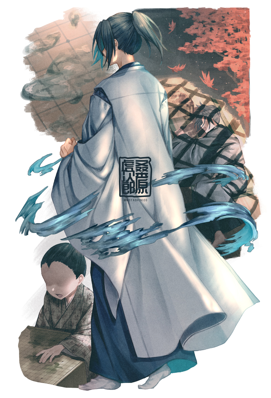 3boys, black_hair, blood, blue_hakama, board_game, faceless, faceless_male, go_(board_game)