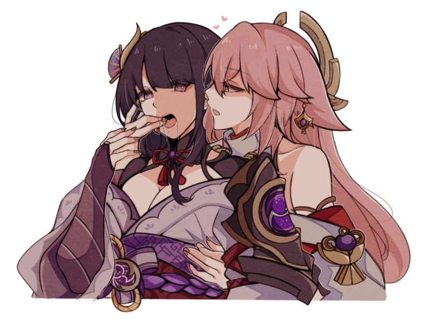 2girls, animal_ears, bare_shoulders, bird_mask, black_hair, breasts, bridal_gauntlets, cheschorv, cleavage, cleavage_cutout, clothing_cutout, collarbone, commentary, couple, earrings, eye_contact, eyebrows_hidden_by_hair, eyes_visible_through_hair, finger_in_another's_mouth, fox_ears, fox_girl, genshin_impact, grey_kimono, hair_ornament, half-closed_eyes, hand_up, heart, highres, holding_hands, hug, hug_from_behind, japanese_clothes, jewelry, kimono, large_breasts, long_hair, looking_at_another, mask, miko, moaning, mole, mole_under_eye, multiple_girls, nail_polish, obi, open_mouth, pink_hair, pink_nails, priestess, purple_eyes, purple_sash, raiden_shogun, red_nails, saliva, sash, simple_background, straight_hair, tongue, tongue_out, upper_body, white_background, yae_miko, yuri