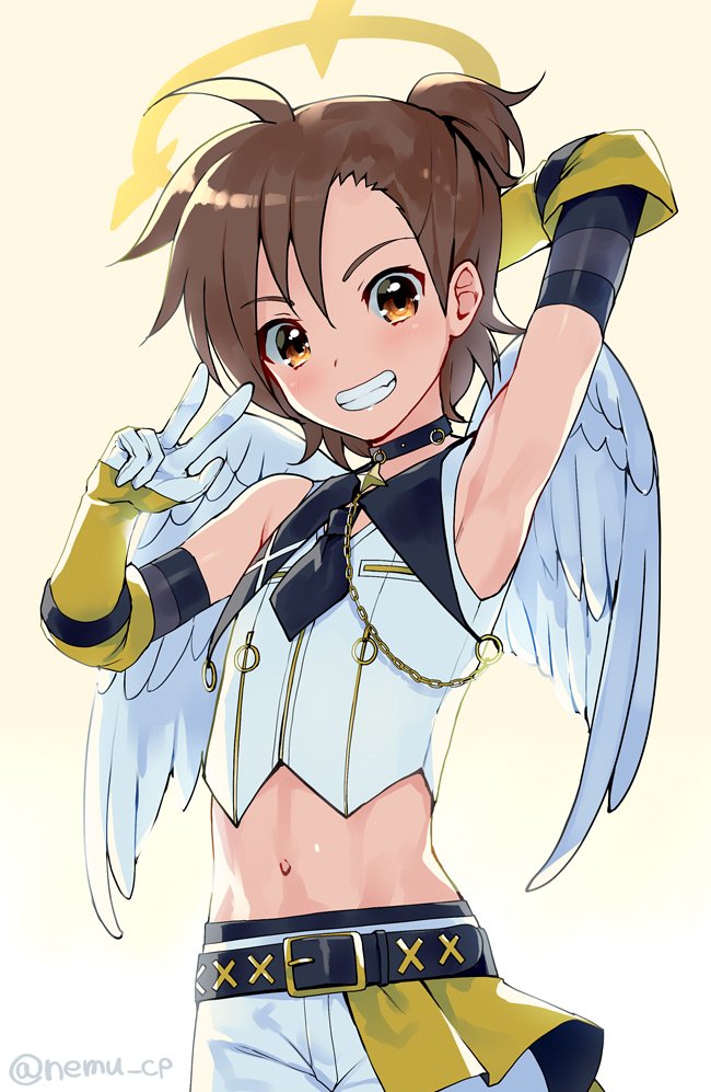 1boy, ahoge, alternate_costume, angel_wings, arm_up, armpits, asymmetrical_bangs, belt, blush, brown_eyes, brown_hair, choker, clenched_teeth, commentary_request, cowboy_shot, crop_top, elbow_gloves, feathered_wings, gloves, gradient_background, halo, idolmaster, idolmaster_side-m, jewelry, looking_at_viewer, male_focus, midriff, navel, necklace, nemunemu_(candy_paddle), short_hair, shorts, sleeveless, smile, solo, tachibana_shiro_(idolmaster), tan_background, teeth, twitter_username, w, white_shorts, white_wings, wings