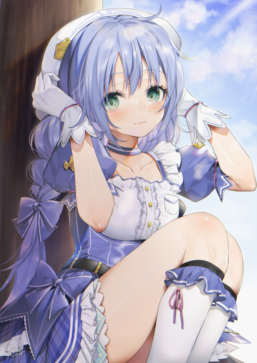 1girl, blue_bow, blue_eyes, blue_hair, blush, bow, gloves, hands_on_headwear, hat, highres, long_hair, looking_at_viewer, nijisanji, puffy_short_sleeves, puffy_sleeves, short_sleeves, smile, solo, twintails, virtual_youtuber, white_gloves, yana_mori, yuuki_chihiro, yuuki_chihiro_(8th_costume)