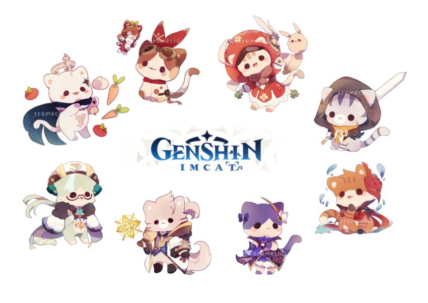 3boys, 5girls, albedo_(genshin_impact), amber_(genshin_impact), animal_ears, animal_focus, animalization, baron_bunny_(genshin_impact), calico_(pattern), cape, carrot, cat, cat_ears, cat_tail, clover_print, coat, commentary, company_name, cremechii, dodoco_(genshin_impact), english_commentary, genshin_impact, goggles, goggles_on_head, hat_feather, highres, japanese_clothes, jewelry, klee_(genshin_impact), low_twintails, mask, mask_on_head, multiple_boys, multiple_girls, mushroom, necklace, no_humans, paimon_(genshin_impact), paw_print_soles, ponytail, purple_fur, raiden_shogun, razor_(genshin_impact), red_headwear, red_mask, rimless_eyewear, solid_circle_eyes, sucrose_(genshin_impact), sword, tabby_cat, tail, tartaglia_(genshin_impact), tomato, twintails, weapon, white_cat