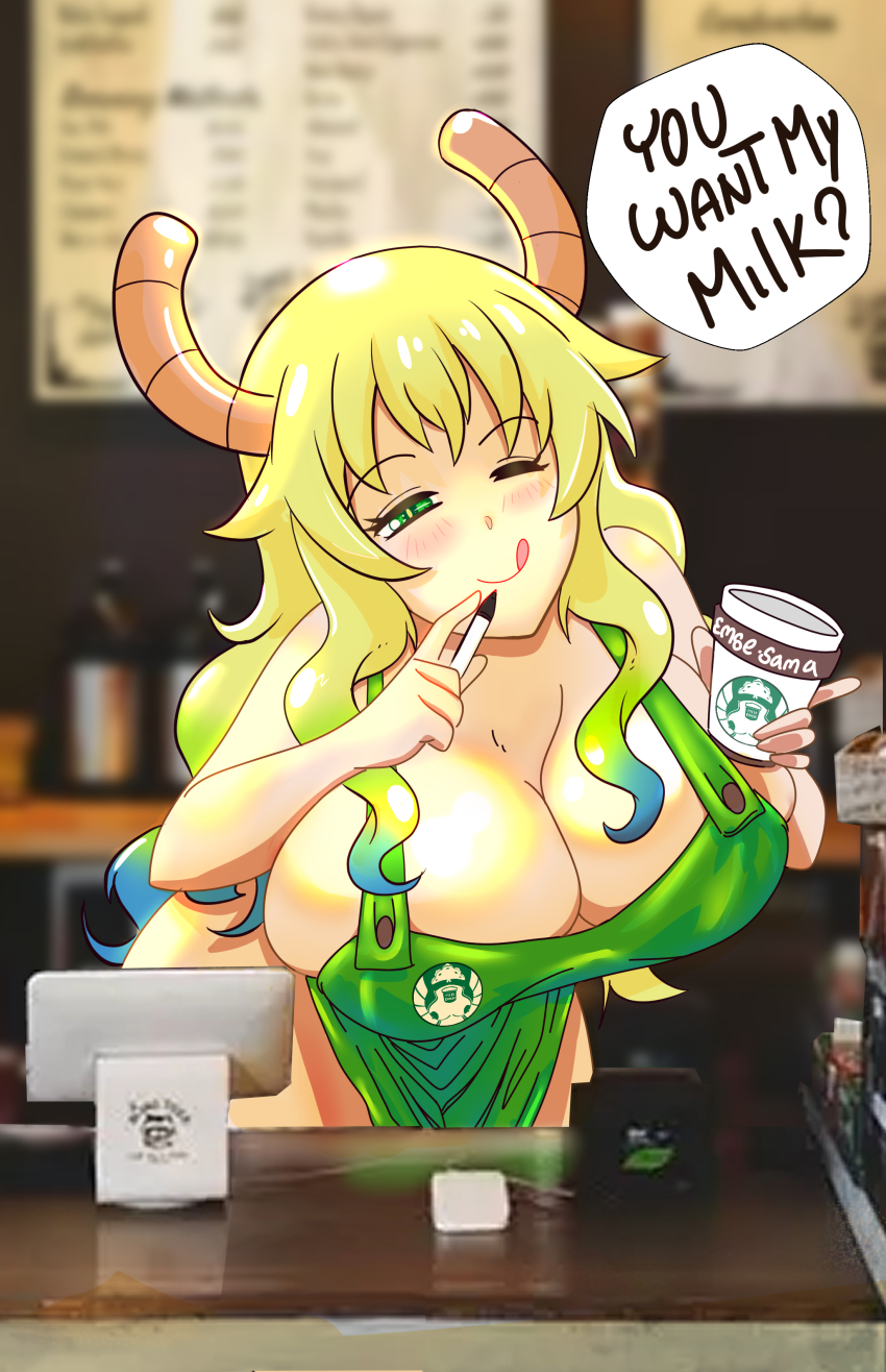 1girl, absurdres, apron, blonde_hair, blush, breasts, cafe, cleavage, emsesama, english_text, green_eyes, highres, horns, huge_breasts, iced_latte_with_breast_milk_(meme), indoors, kobayashi-san_chi_no_maidragon, leaning_forward, long_hair, looking_at_viewer, lucoa_(maidragon), meme, multicolored_hair, naked_apron, one_eye_closed, parody, smile, solo, speech_bubble, starbucks, tongue, tongue_out, two-tone_hair