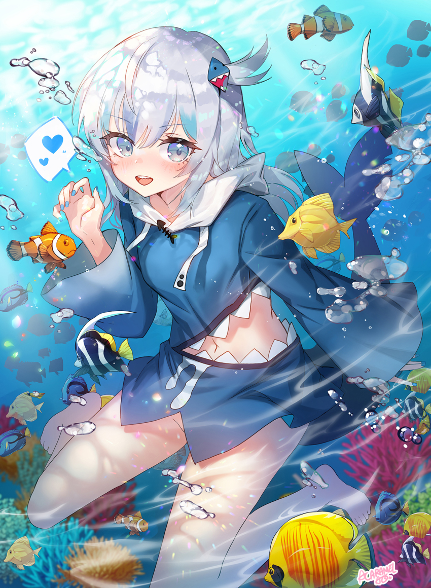 1girl, air_bubble, apple_caramel, artist_name, barefoot, blue_eyes, blue_hair, blue_nails, blue_skirt, blue_tang_fish, blush, bubble, butterflyfish, clownfish, coral, coral_reef, fins, fish, fish_tail, gawr_gura, hair_ornament, heart, highres, hololive, hololive_english, hood, hood_down, hoodie, looking_at_viewer, multicolored_hair, nail_polish, navel, shark_tail, sharp_teeth, silver_hair, skirt, smile, spoken_heart, streaked_hair, surgeonfish, tail, teeth, tropical_fish, underwater, virtual_youtuber, wide_sleeves