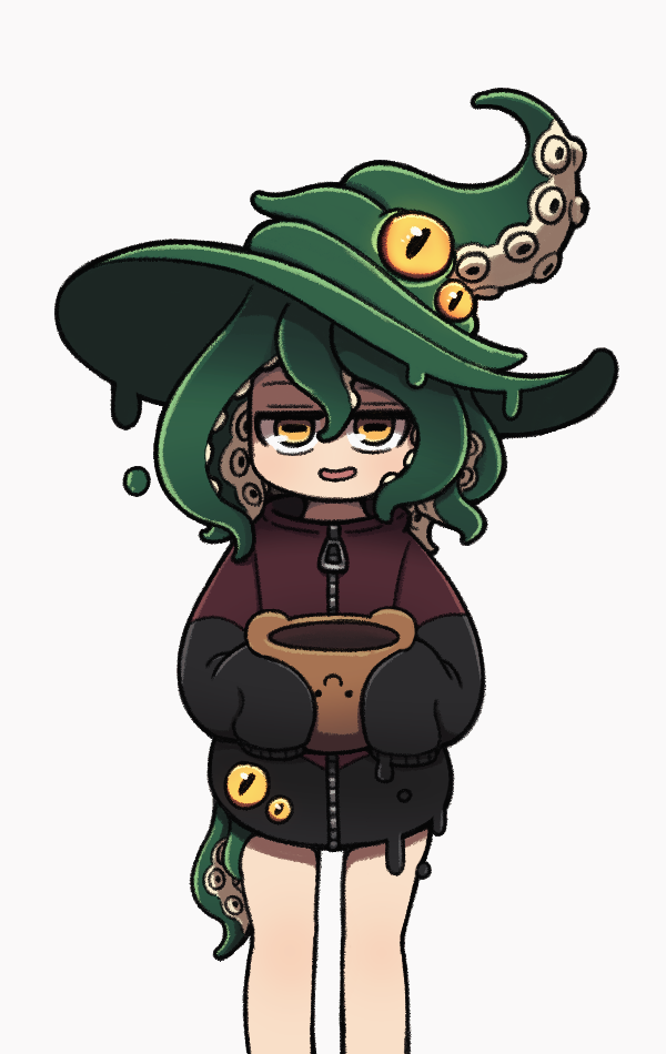 1girl, extra_eyes, feet_out_of_frame, green_hair, hair_between_eyes, halloween, hat, holding