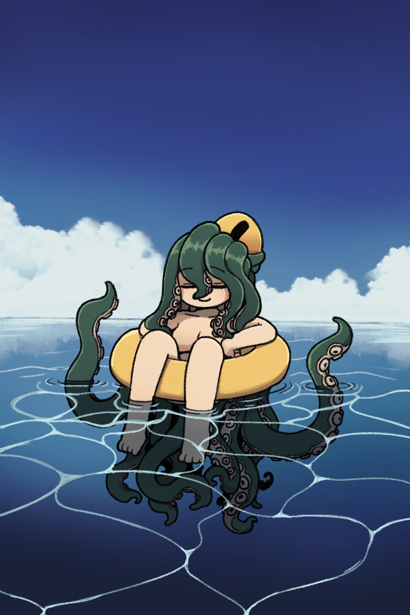 1girl, blue_sky, breasts, cleavage, closed_eyes, cloud, green_hair, highres, horizon, innertube, kumakun, long_hair, medium_breasts, nude, original, outdoors, shu_(kumakun), sky, smile, soaking_feet, solo, suction_cups, swim_ring, tentacle_hair, tentacles