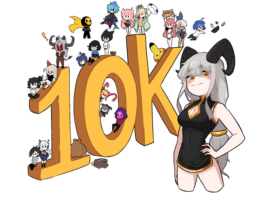 6+girls, baphomet_(niking), black_dress, black_horns, blush, bolt_(min_lona), borrowed_character, character_request