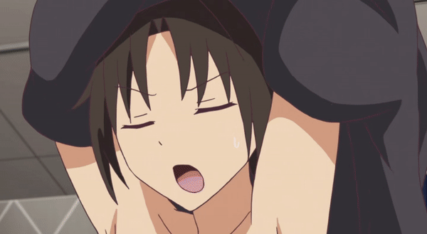 1boy, 1girl, animated, animated_gif, armpits, arms_up, black_ribbon, black_shirt, blonde_hair, bra, breasts, brown_eyes, brown_hair, cleavage, clothes_lift, collarbone, closed_eyes, frey_(megami-ryou_no_ryoubo-kun), hair_ribbon, large_breasts, lifting_own_clothes, lingerie, long_hair, looking_down, megami-ryou_no_ryoubo-kun, nagumo_koushi, one_eye_covered, panties, red_eyes, ribbon, screencap, shirt, thong, underwear, undressing, white_bra, white_panties