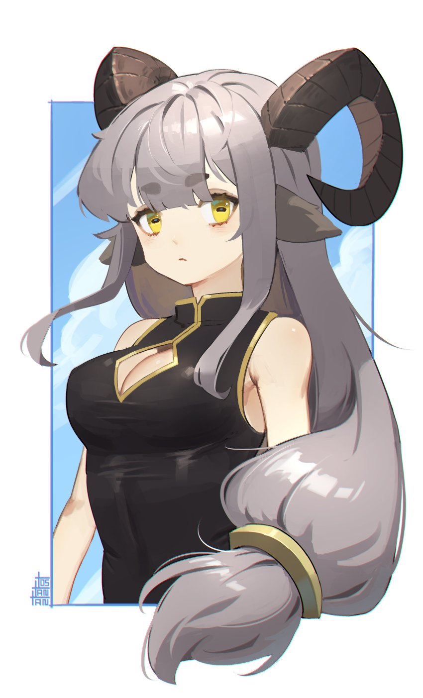 1girl, absurdres, animal_ears, artist_name, black_dress, black_horns, bolt_(min_lona), borrowed_character, breasts, china_dress, chinese_clothes, cleavage_cutout, clothing_cutout, dress, goat_ears, goat_horns, grey_hair, highres, horizontal_pupils, horns, long_hair, low-tied_long_hair, medium_breasts, original, sleeveless, sleeveless_dress, solo, tostantan, upper_body, yellow_eyes