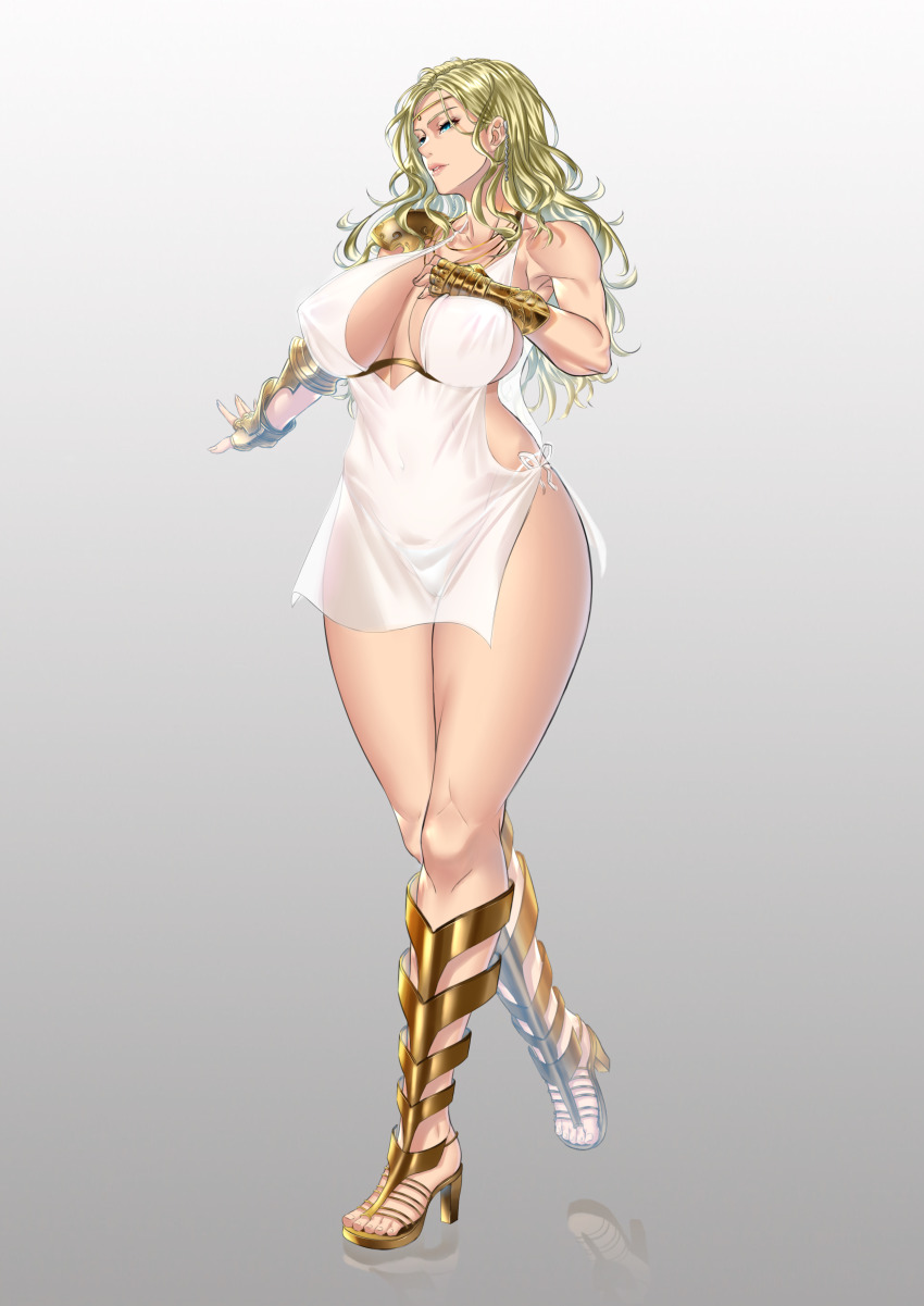 1girl, absurdres, anima_(togashi), armor, bare_shoulders, black_desert_online, blonde_hair, blue_eyes, breasts, celestine_lucullus, circlet, commentary_request, dress, earrings, fingerless_gloves, full_body, gauntlets, gloves, gradient_background, hair_ornament, hand_on_own_chest, high_heel_sandals, high_heels, highres, jewelry, kuroinu_~kedakaki_seijo_wa_hakudaku_ni_somaru~, large_breasts, lips, muscular, muscular_female, parted_lips, sandals, see-through_clothes, short_dress, shoulder_armor, simple_background, sleeveless, solo, sophitia_alexandra, standing, thighs, thong, toeless_footwear, toes, underwear, white_dress