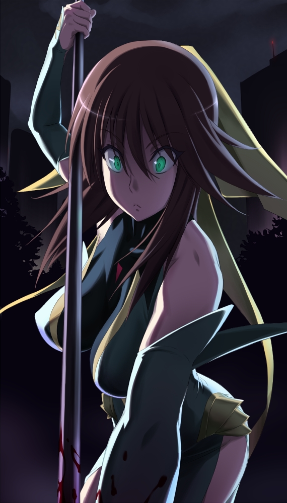 00s, blood, breasts, brown_hair, dark, detached_sleeves, frown, garichapon