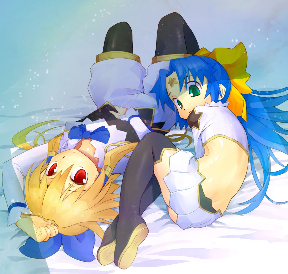 anshinmama, ass, back, blonde_hair, blue_hair, child, green_eyes, hair_ribbon