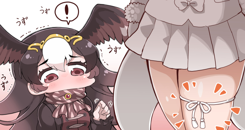 !, 2girls, bird_girl, bird_wings, black_jacket, blush, brown_eyes, brown_hair, brown_jacket, brown_neckwear, circlet, commentary_request, fox_girl, fox_tail, frilled_sleeves, frills, fur_trim, gloves, hair_between_eyes, head_wings, jacket, kemono_friends, long_hair, long_sleeves, multicolored_hair, multicolored_jacket, multiple_girls, oinari-sama_(kemono_friends), pleated_skirt, scarf, skirt, spoken_exclamation_mark, striated_caracara_(kemono_friends), tail, tanaka_kusao, thigh_strap, translated, two-tone_hair, two-tone_jacket, two-tone_neckwear, white_gloves, white_hair, white_jacket, white_neckwear, white_skirt, white_string, wings