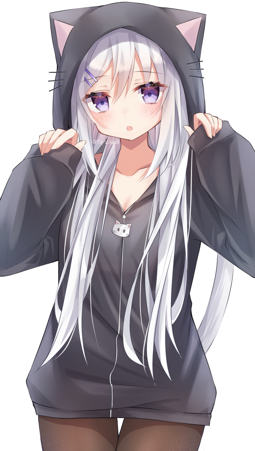 1girl, animal_hood, black_hoodie, black_pantyhose, breasts, cat_hood, cat_tail, cat_zipper